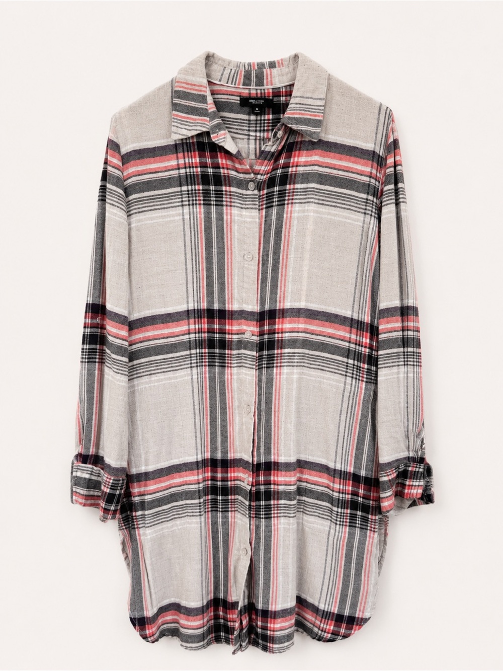 Simply Vera Vera Wang Cream Plaid Button-Up Tunic with Pink & Gray Stripes